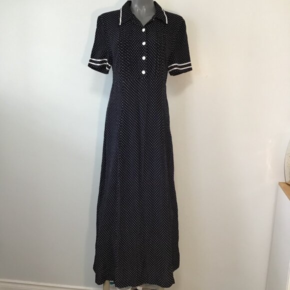 Vintage Black and White Short Sleeve Polka Dot Maxi Dress Size 10 - Picture 1 of 14